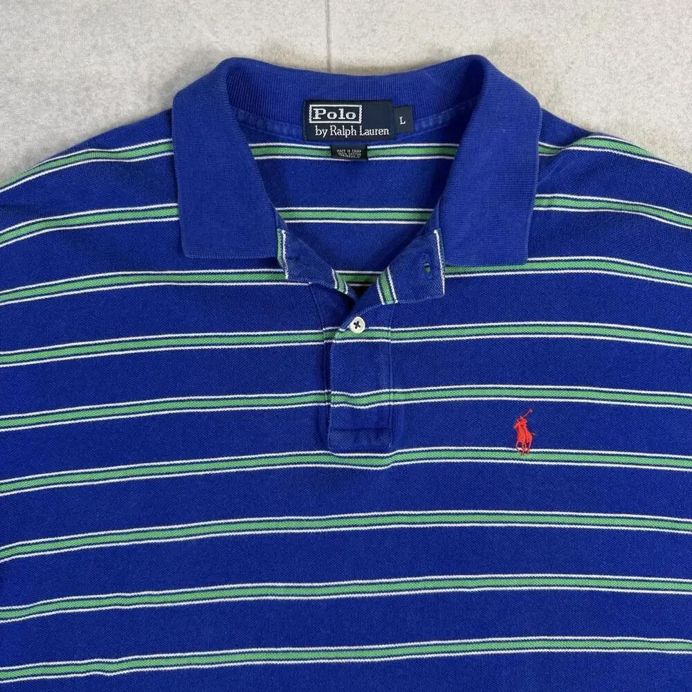 VTG Polo Ralph Lauren Shirt Mens Large Blue Green Striped Pony Short Sleeve 90s